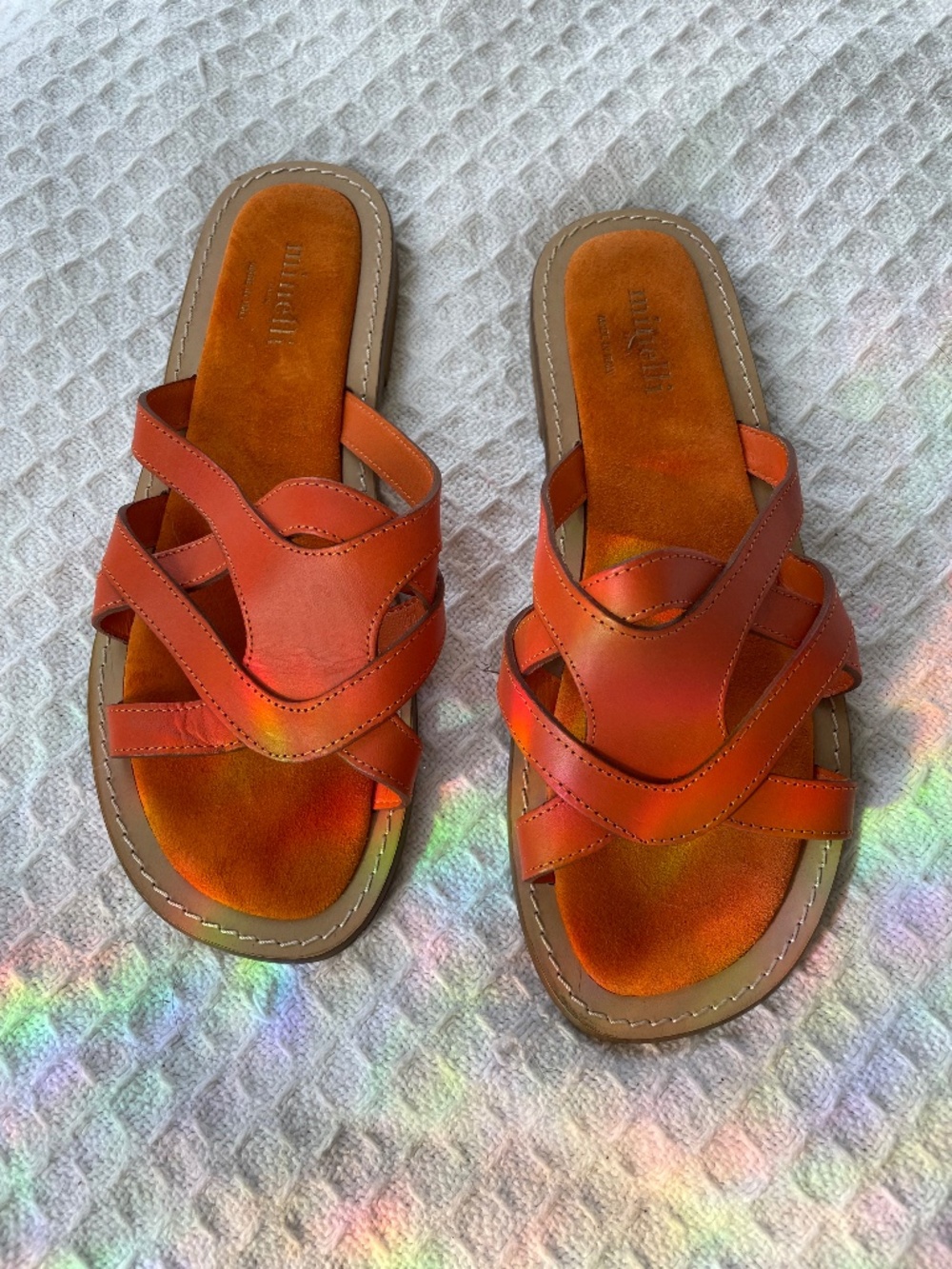 Minelli strappy flat sandals in a vibrant orange leather - Size 40 / 9